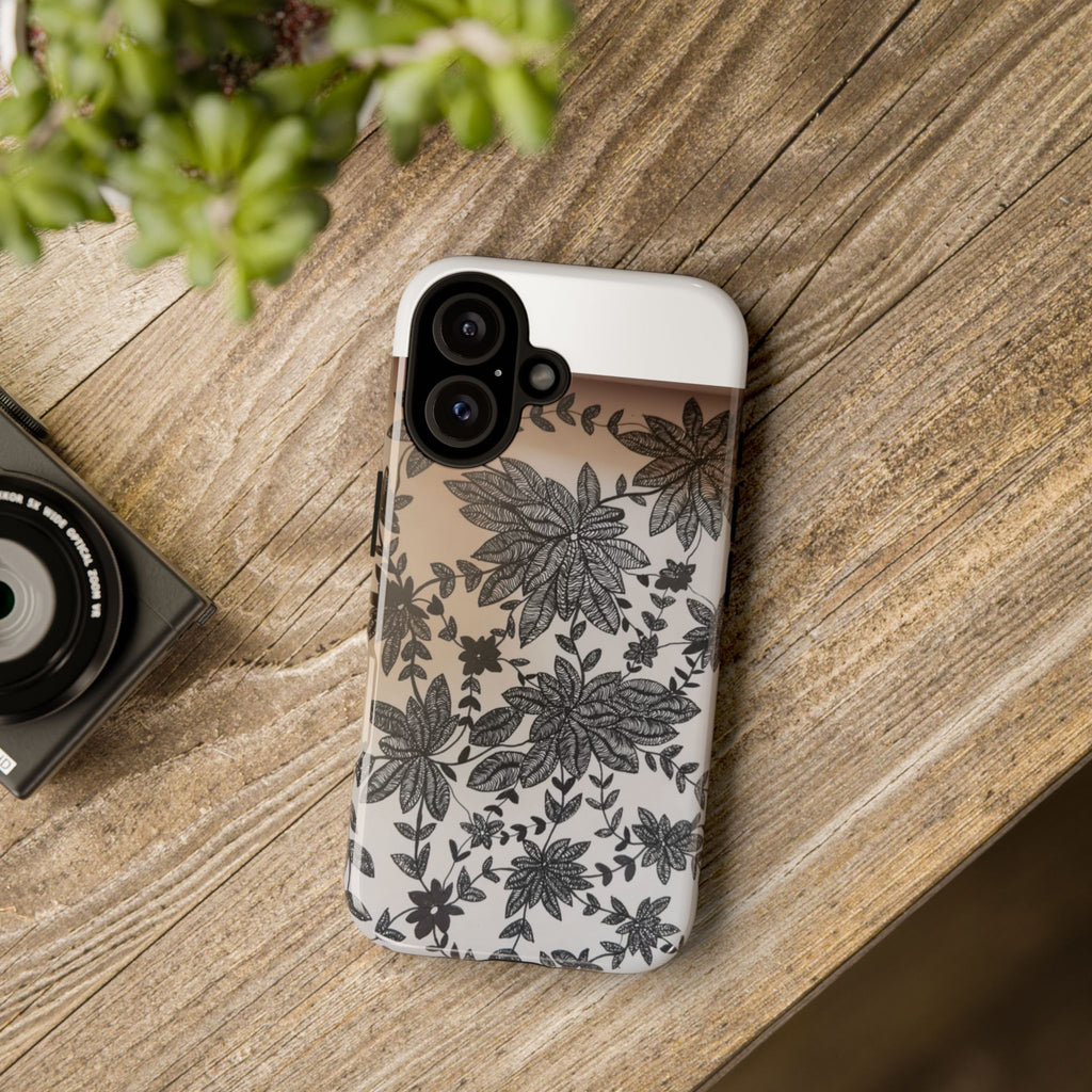 Floral Lace Tough Phone Case — Black Botanical Design, Clear Protective Cover