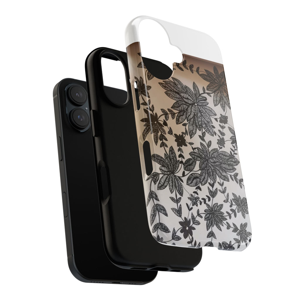 Floral Lace Tough Phone Case — Black Botanical Design, Clear Protective Cover