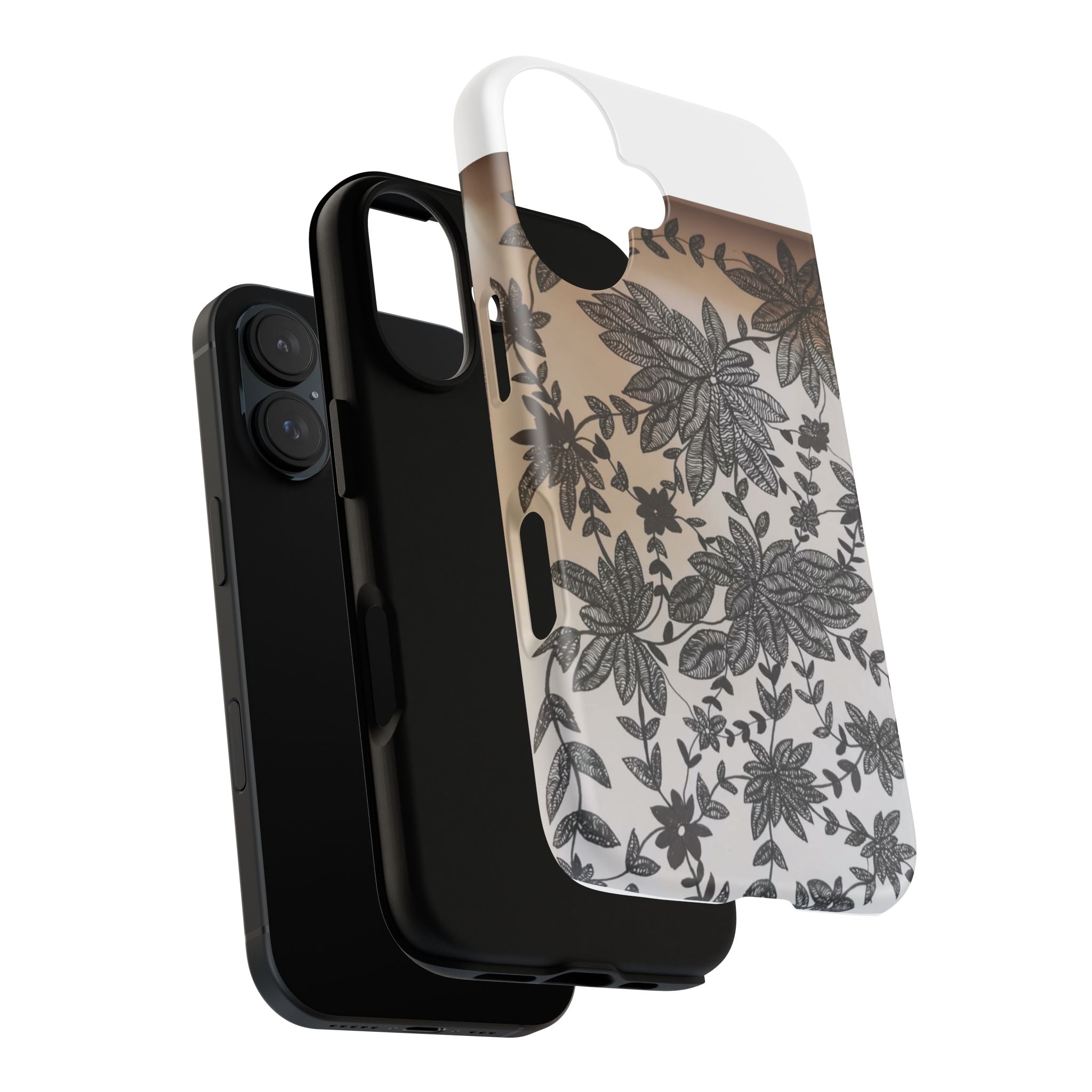 Floral Lace Tough Phone Case — Black Botanical Design, Clear Protective Cover