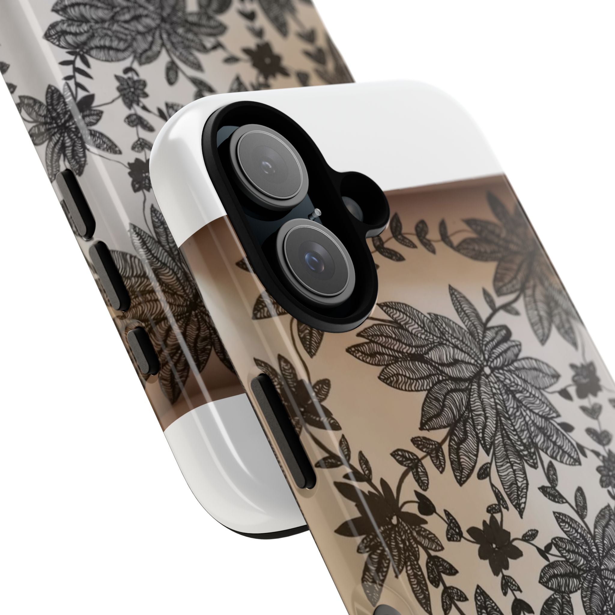 Floral Lace Tough Phone Case — Black Botanical Design, Clear Protective Cover